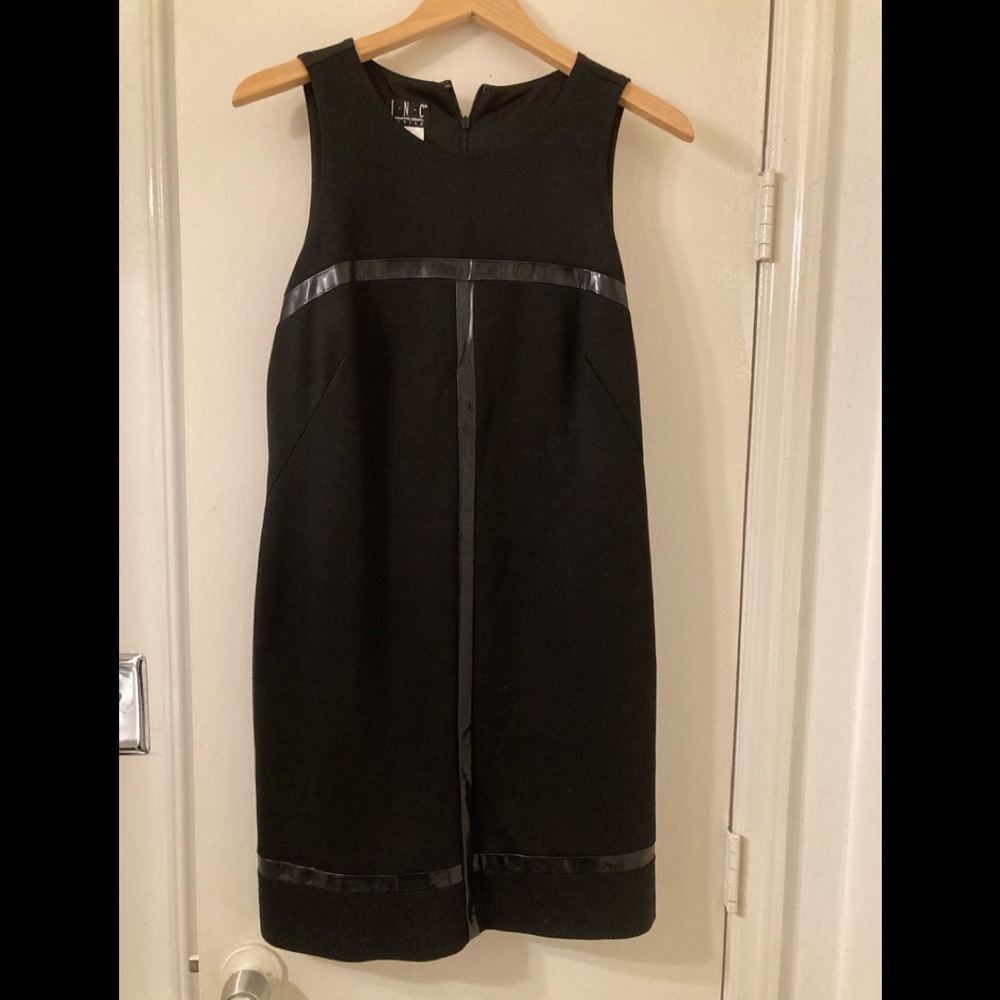 Sleeveless Black Leather Trimmed  Zippered Back Dress.  I-N-C.  Size 14P